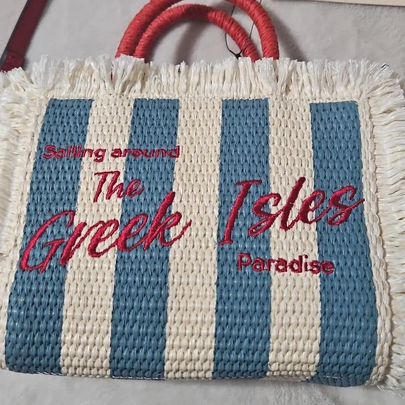 Patricia Nash Small Woven Striped Greek Isles Tote/Crossbody: Natural/Blue/Red - Picture 6 of 13
